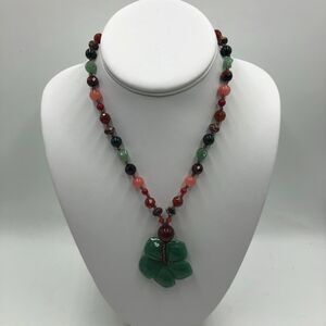 Rachel Reinhardt Vintage Boho Beaded Statement Necklace Green Stone Pendant 16”